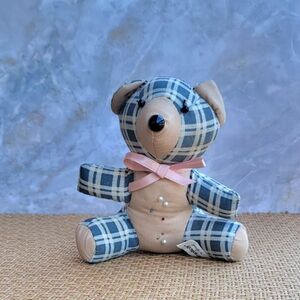 Vintage Simplicity Blue Plaid and Tan Teddy Bear with Pink Ribbon